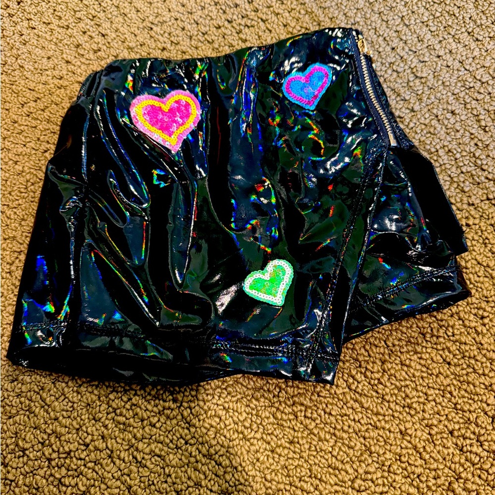 Kids Shiny Black Skirt with Colorful Heart Accents